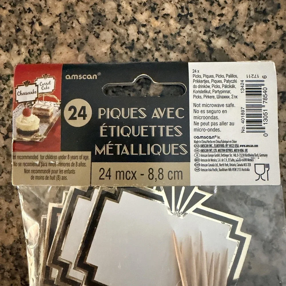 Amscan Foil‎ Label Picks Set Of 3 Packs 72 Gold Art Deco Food Flags 3.5 In Party